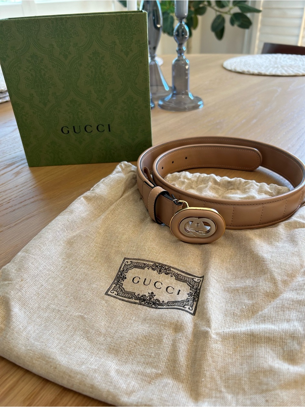 Gucci Beige Padded Leather Belt Oval Interlocking G Buckle 75/30 Box